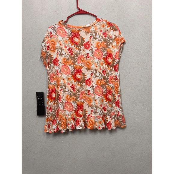 e. Luna Floral Ruffle Hem Top Women's‎ Large Orange Brown Short Sleeve - Picture 2 of 4